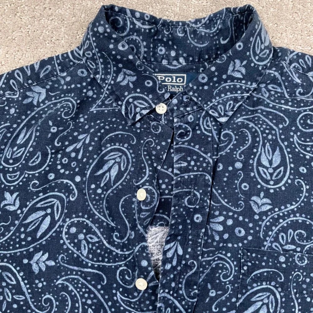 Polo Ralph Lauren Shirt Mens M Navy Paisley Cambridge Pullover Coastal Linen